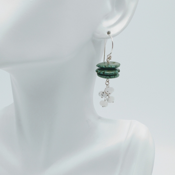 Sterling Silver Turquoise Moonstone Dangle Earrings - Picture 4 of 8